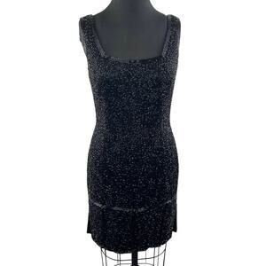 VINTAGE Oleg Cassini Black Tie Silk Red Beaded Flapper Mini Dress Slit Hem Sz 8